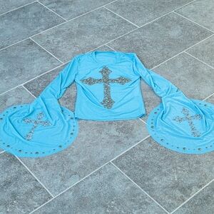 Y2K Cross Mesh Long Sleeve Top – Crystal Studded Sheer Shirt with Flared Sleeves